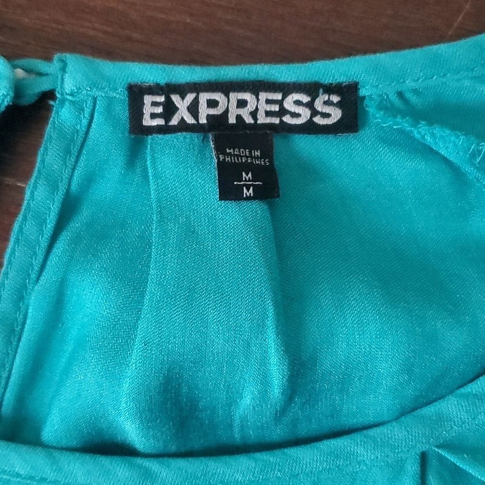 Express Teal Silk-Look Blouse Size Medium Pleated Keyhole Puff Sleeve Top - Picture 5 of 9